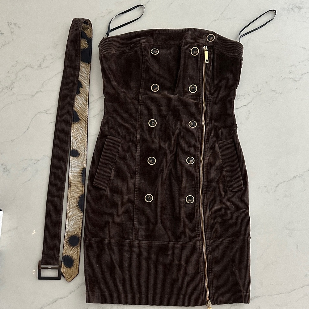 Elegant Brown Strapless Corduroy Dress